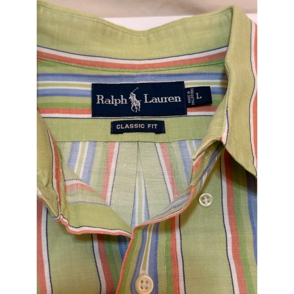 Polo Ralph Lauren Mens Classic Fit Linen Cotton Striped Shirt Green Large L